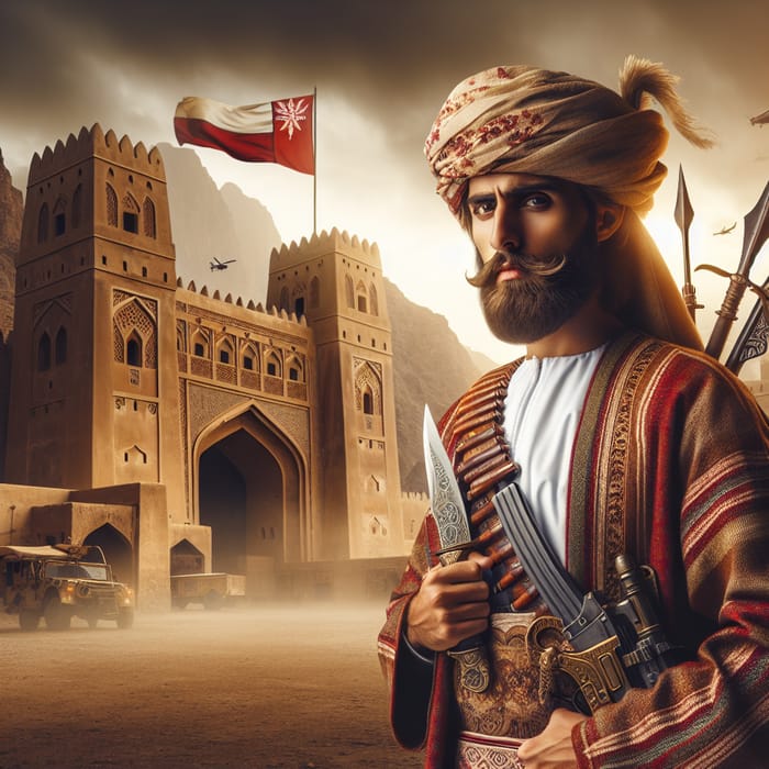 Omani Man in Traditional Attire at Old Castle Amid Sandstorm