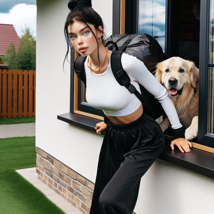 Young Woman with Blue Eyes Climbing Through Window with Black Pants and Golden Retriever