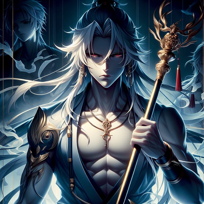 Powerful Anime Illustration of a Dark Male Character with Piercing Red Eyes