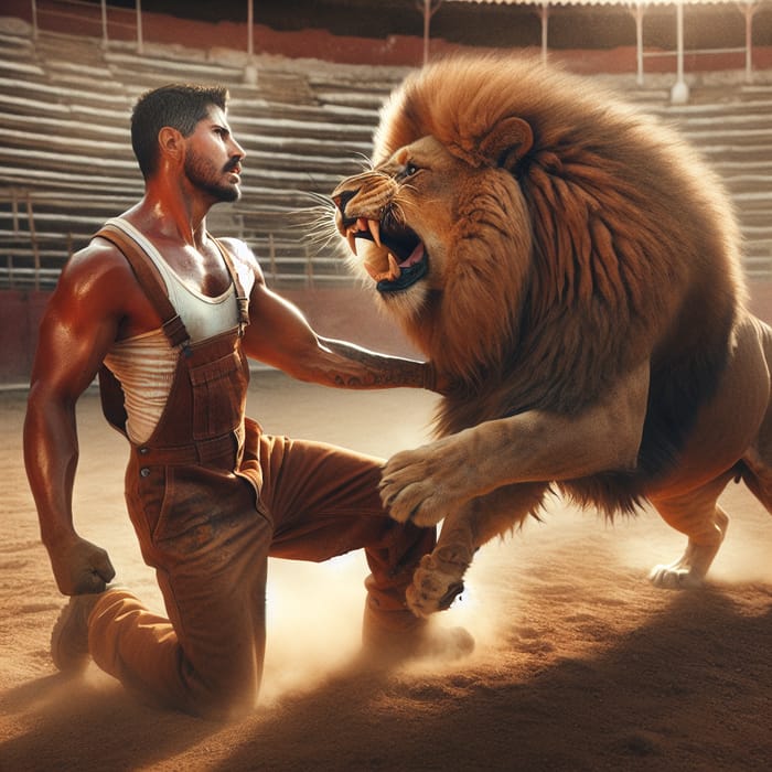 Hispanic Worker Takes Down Lion: Brave Showdown in Dusty Arena