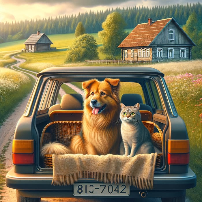 Cat and Dog Embark on Dacha Journey: Photorealistic Scene