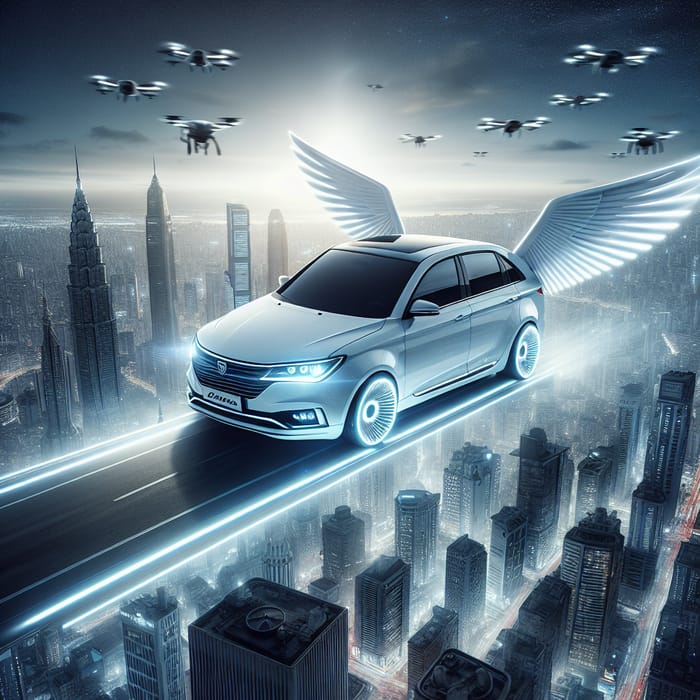 Futuristic White Lada Granta with Wings Soaring over Cityscape