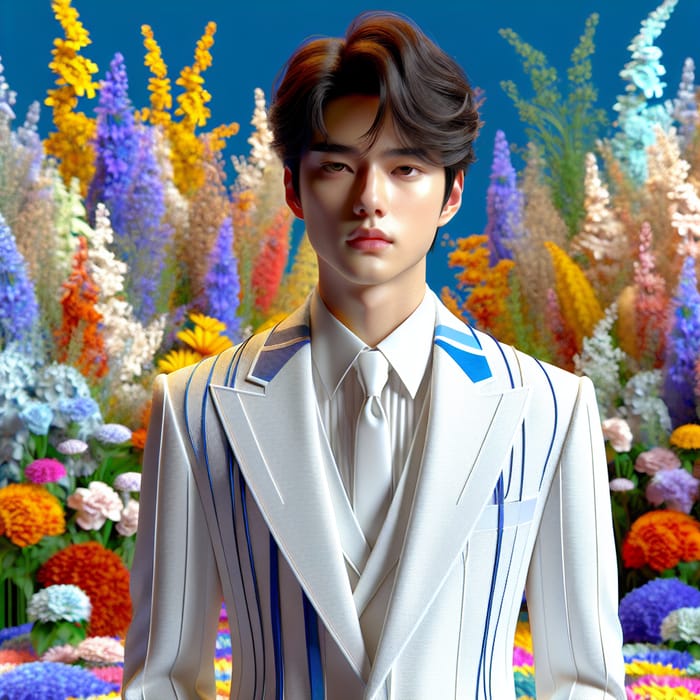 3D Image of Stylish Korean Man in White Suit