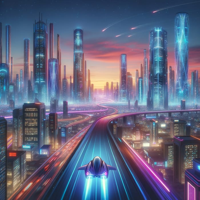 Futuristic Urban Landscape - Neon Lights & Flying Cars