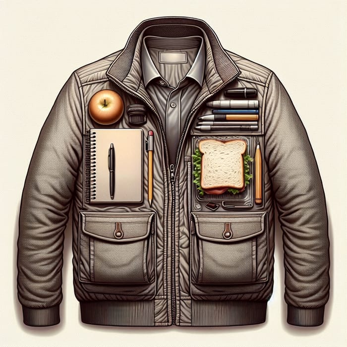 Realistic Jacket with Notebook, Pen, Sandwich & Pencil in Pocket