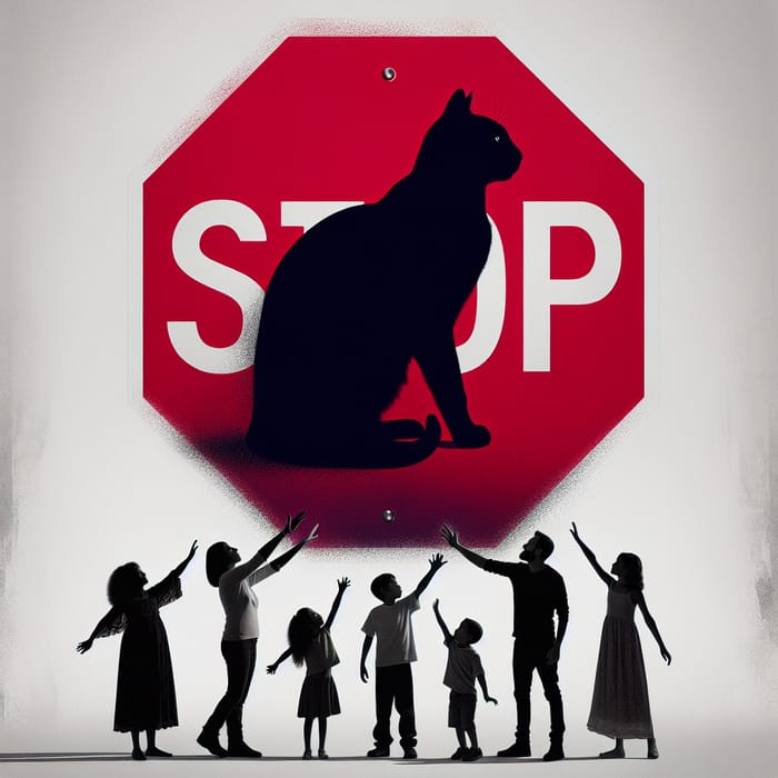 Mystery Cat Silhouette - Family Reaching to Big Red Stop Sign