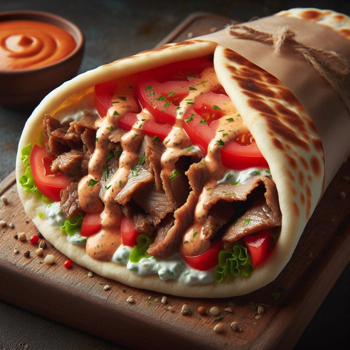 Tasty Shawarma Meat Sandwich with Savory Sauce and Fresh Tomatoes