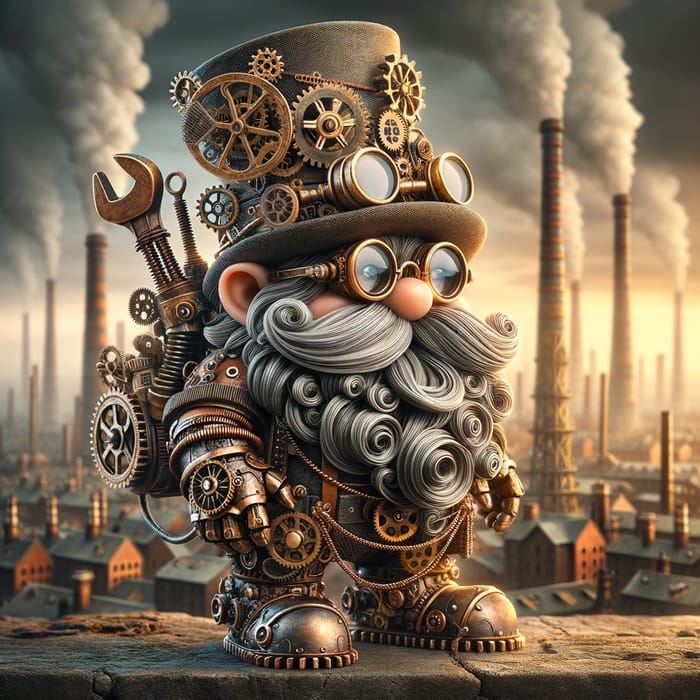 Steampunk Gnome in Industrial Cityscape