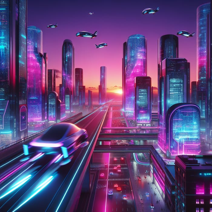 Futuristic Cyberpunk Cityscape: Neon Lights, Flying Cars & Advanced Tech