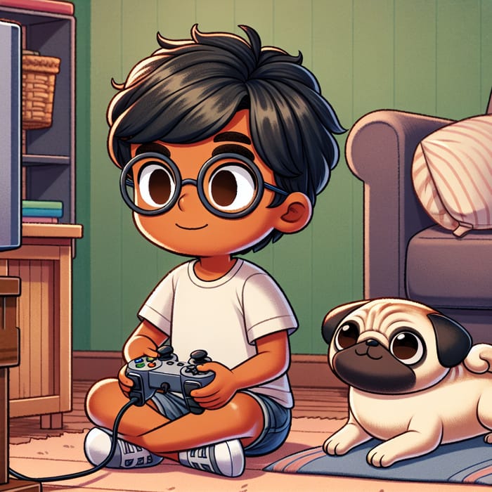 Brown Boy in Glasses Playing Console Game with Pug in Room