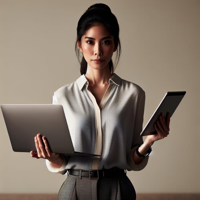 Confident Asian Woman with Laptop and Tablet | Smart Tech Professional