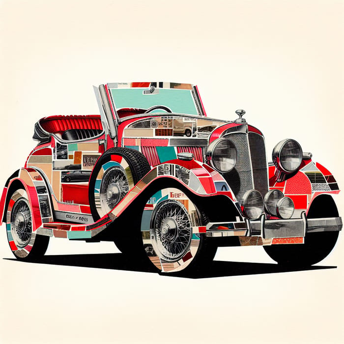 Retro Red Car Collage Art: Handmade Vintage Masterpiece