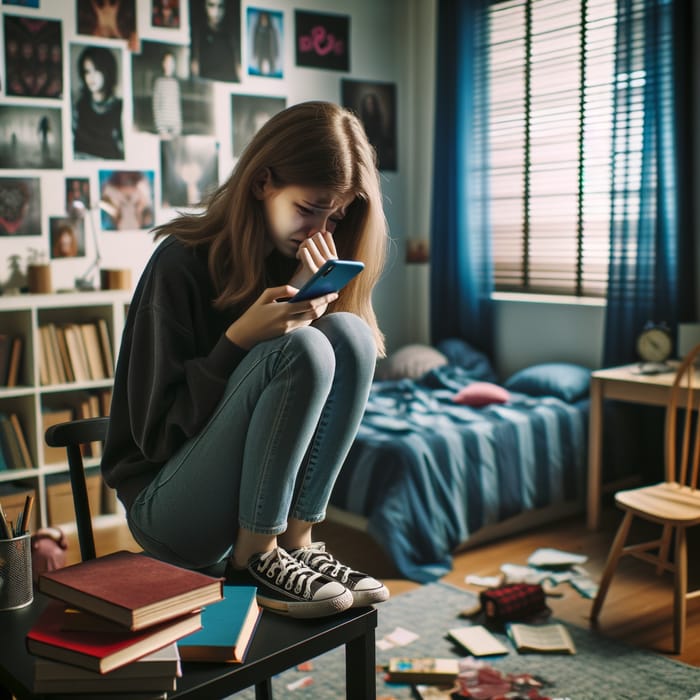 Girl Crying with Phone in Hand in Bedroom