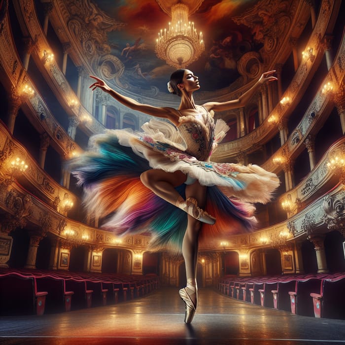 Elegant Ballerina Leaping in Grand Theater - Vibrant Colors, Dramatic Lighting