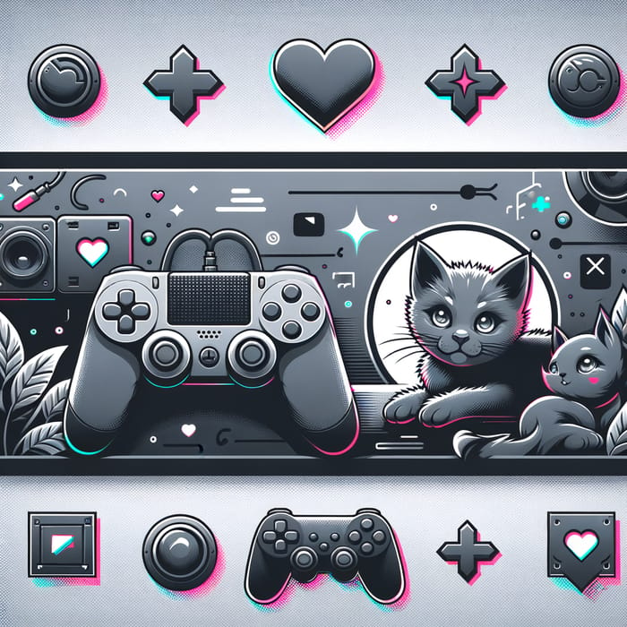 Grey Twitch Banner with Gamepads, Kitties, Hearts, and Neon Elements