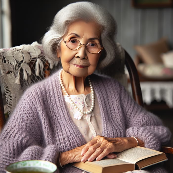 Peaceful Elderly South Asian Woman in Lavender Cardigan Rocking Chair