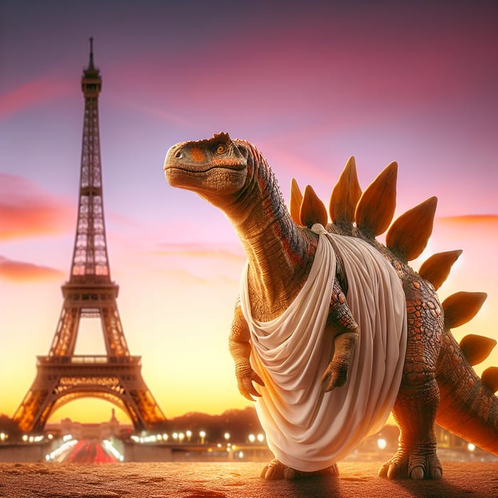 Realistic Stegosaurus Toga Sunset Art at Eiffel Tower