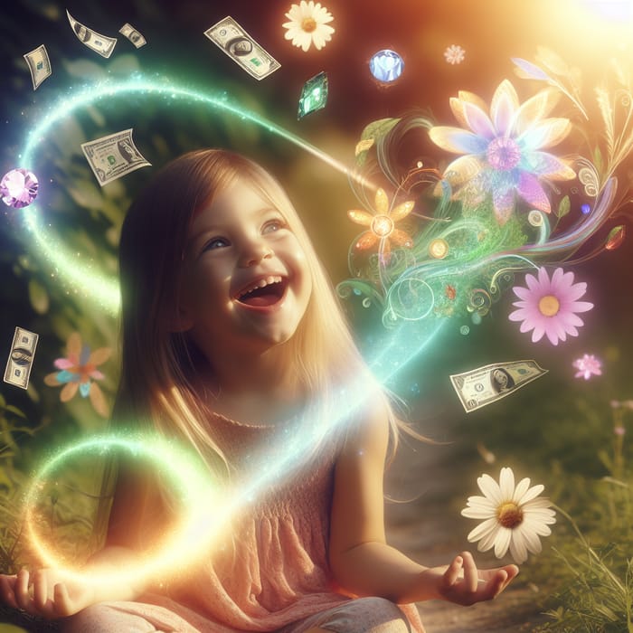 Enveloped in Prosperity: Child's Healing Laughter Amidst Glowing Meadow