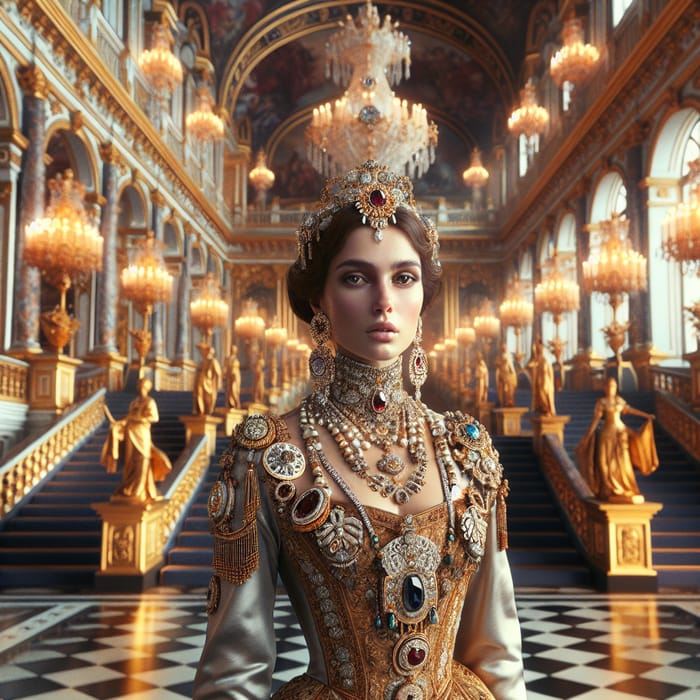 Queen in Exquisite Jewelry Strolling Through Palace