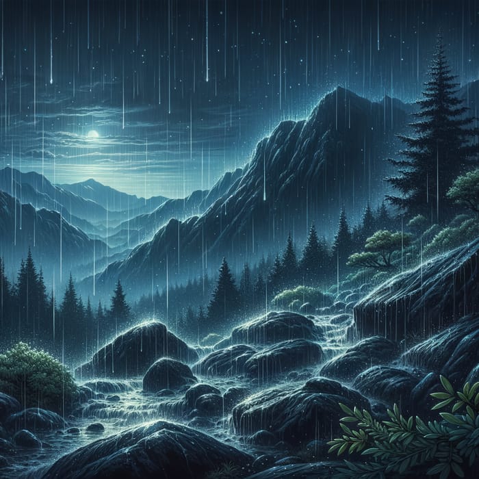 Night Rain Over Scenic Mountain Landscape