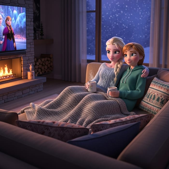 Elsa and Anna Watching TV Together