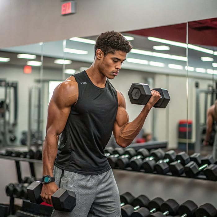 Young Man Weightlifting with Dumbbell in Gym