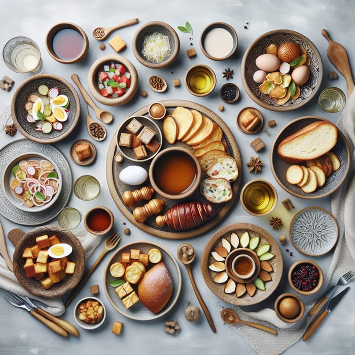 Russian Cuisine on Light Gray Table in Wooden Dishes