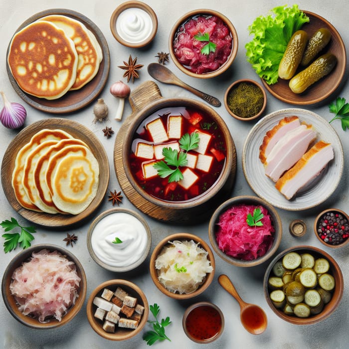 Traditional Ukrainian Dishes on Wooden Table