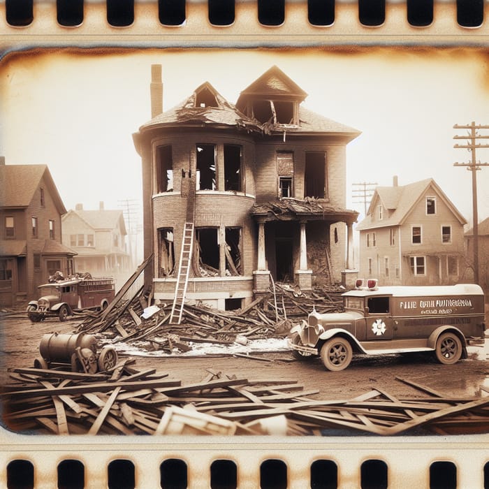 Devastating Fire Destroys Two-Story Brick House in 1920s American Town