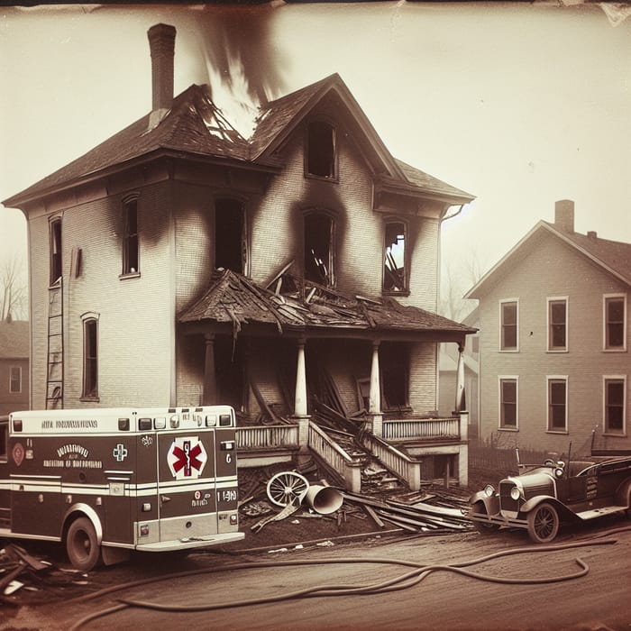 1920s Small Town Brick House Fire Ambulance Fire Truck Scene Burned Down