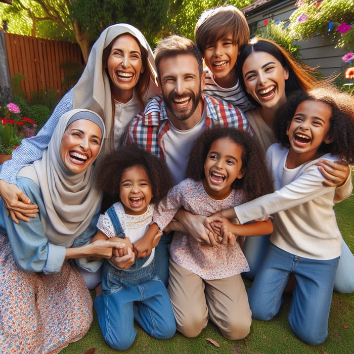 Happy Family of Parents and 4 Daughters Enjoying Backyard Play