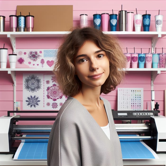 Medium Size White Lady in Pink Office with Computer, Vinyl Plotting Machine & Sublimated Tumblers