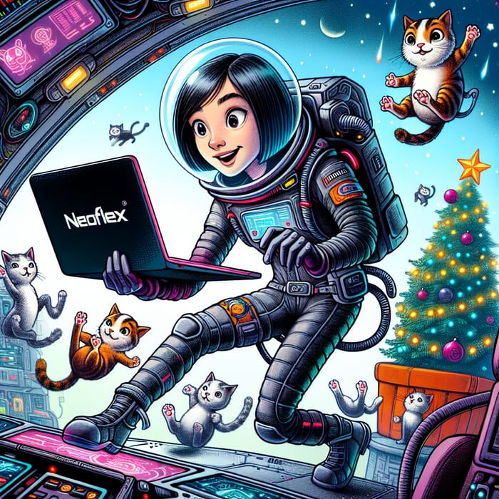 Vibrant Space Adventure with Slavic Girl, Floating Cats, and Neoflex