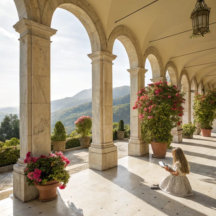 Enchanting French Palace Courtyard with Marble Arches