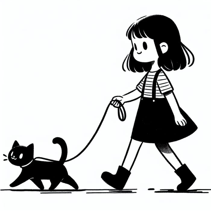 Young Girl Walking Black Cat - Simple Black and White Illustration