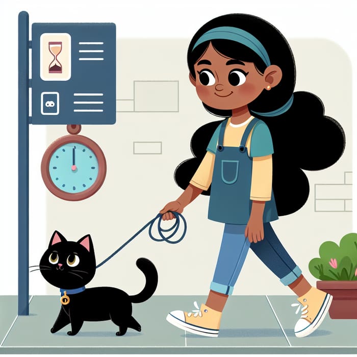 Young Girl Walking Black Cat Leash - Comic Style