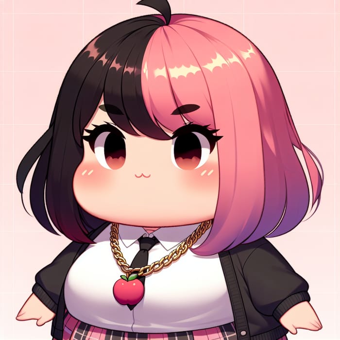 Anime-Style Plump Student Character with Black and Pink Hair