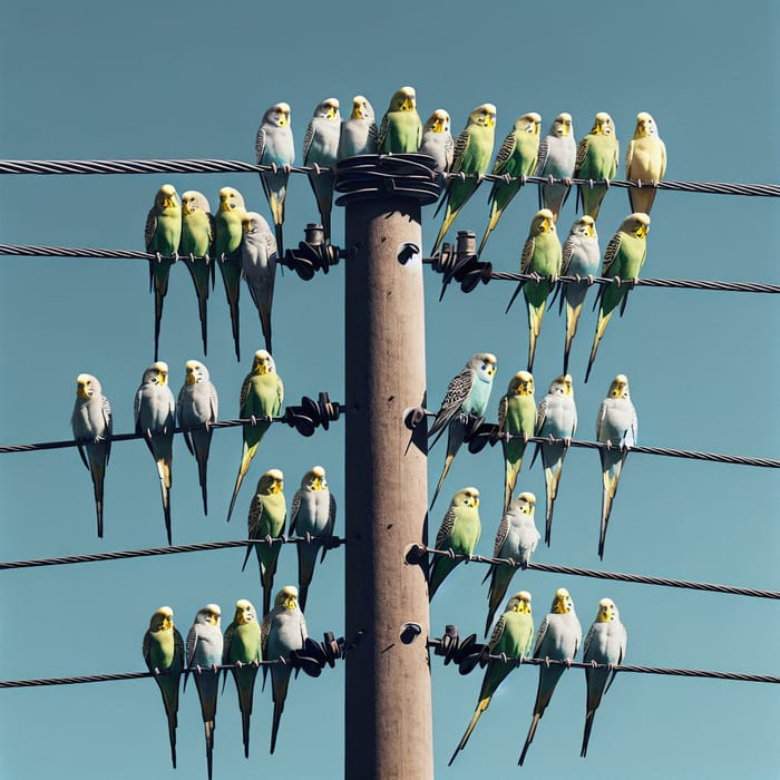 Flock of Budgerigars Perched on Power Line