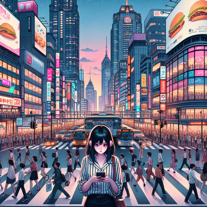 Fast-paced Urban Hustle: Black Haired Girl in Vibrant Cityscape