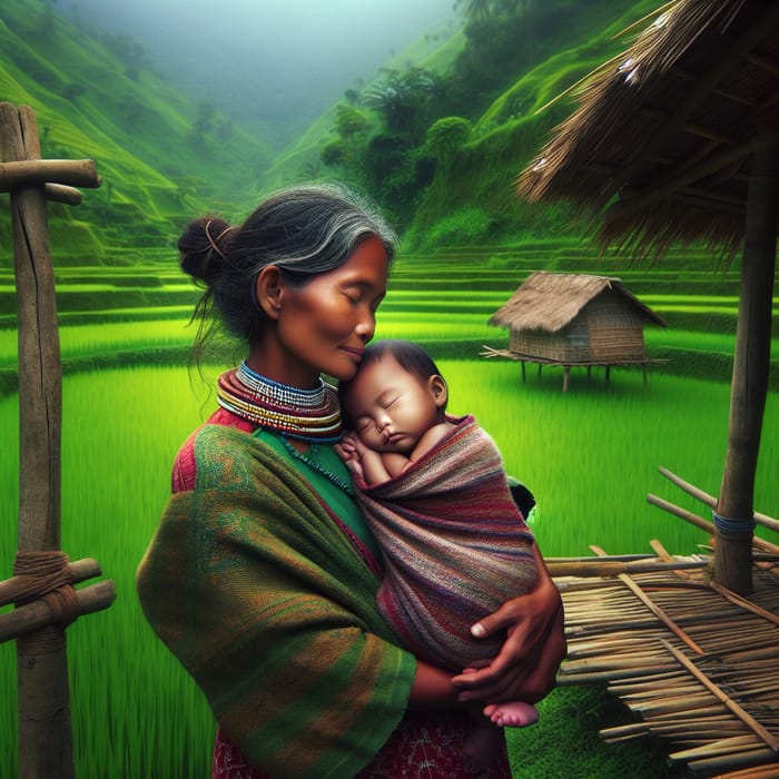 Tranquil Village Scene: Indigenous Filipino Parents with Sleeping Baby