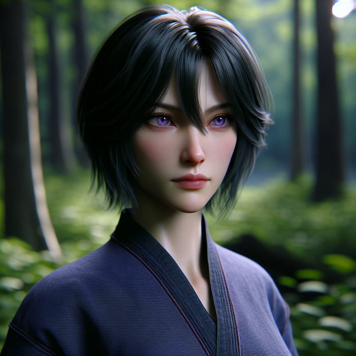 Jet-Black Haired Female Martial Artist in Serene Forest