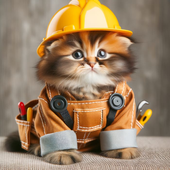 Adorable Kitten in Construction Jumpsuit and Hard Hat