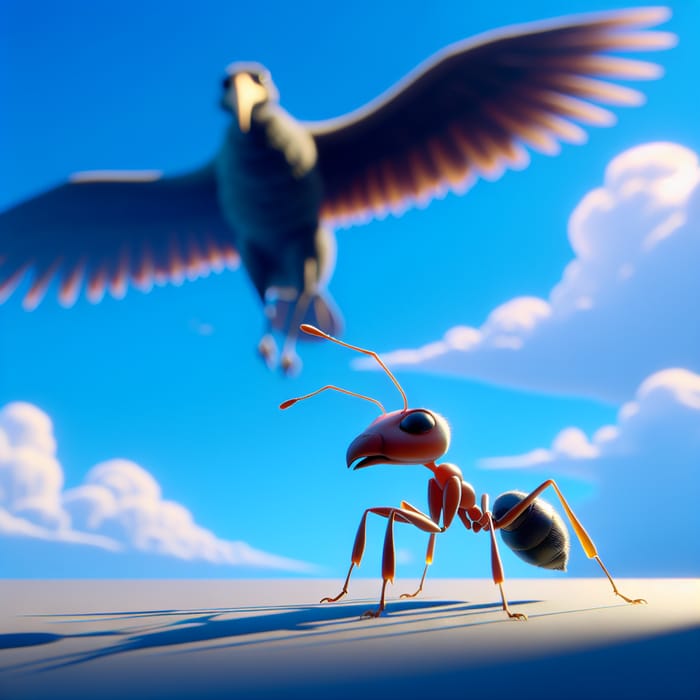 Brave Wingless Ant Faces Giant Bird in Pixar-Style Image