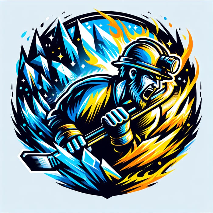 Dynamic Blue & Yellow Hockey Logo with Miner | Ice Berg, Fire Flames