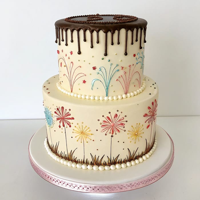 Vintage Two-Tier Cake with Fireworks & Chocolate Drips