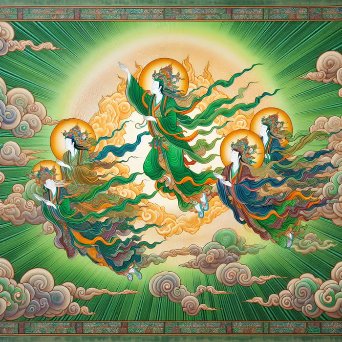 Dunhuang Style Heavenly Beings Art | Vivid Green Clouds & Ribbons