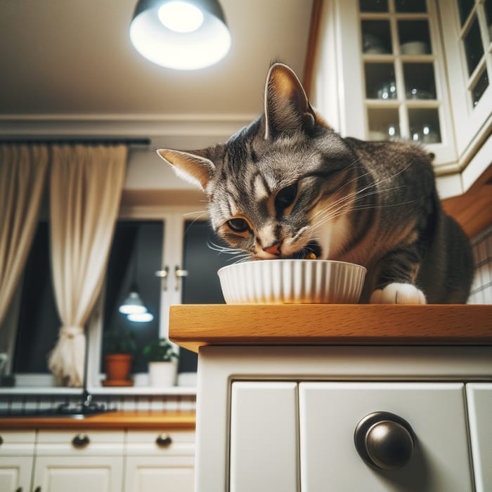 Cat Eating on Cabinet - Delightful Pets Treats