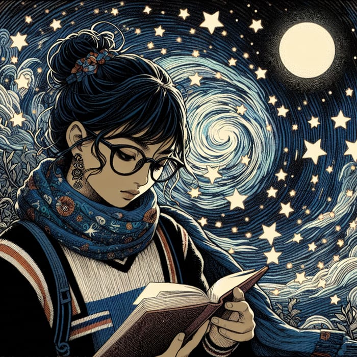 Studion Ghibli Style Girl with Muffler Reading Book in Starry Night