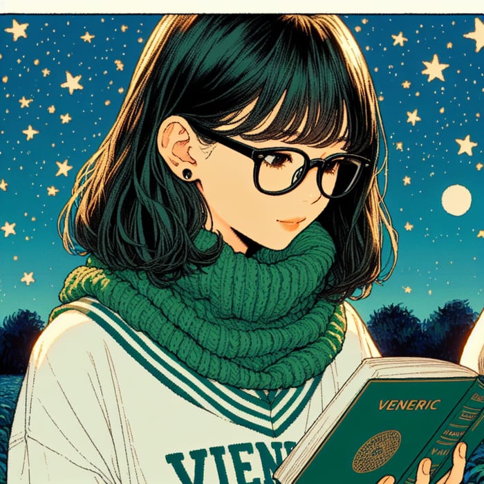 Young Girl in Studio Ghibli Style Reading Green Book