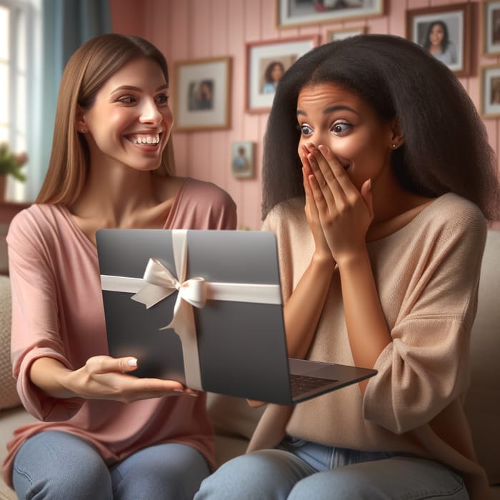 Laptop Gift Surprise in Festive Living Room Setting